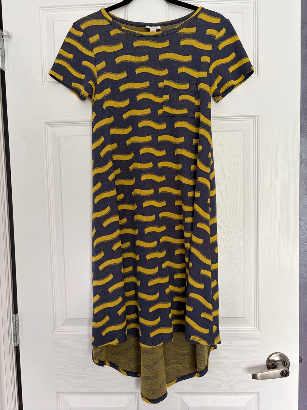 LuLaRoe Carly Navy and Mustard Short Sleeve Wave-Print Dress
